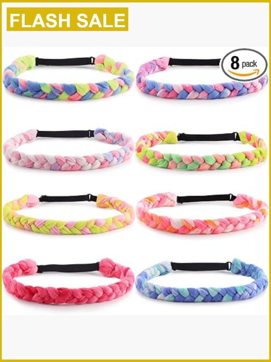 8 Pack Braided Stretch Headbands for Girls, Tie Dye Hair Accessories main image 7